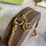 Gucci Vintage Logo Striped Ribbon Canvas Splicing Round Cake Bag Chain Bag Size: 18x18x4.5CM
