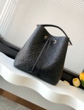 Logo Embossed Drawstring Cowhide Bucket Bag Single Shoulder Crossbody Bag Size: 26x26x17.5CM