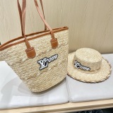 Louis Vuitton New Fashion Two Piece Straw Hat Beach Bag Tote Bag