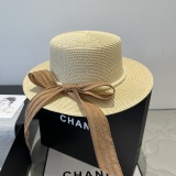 Chanel New Fashion Flat Top Hat Bow Sunshade Straw Hat 57CM