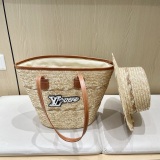 Louis Vuitton New Fashion Two Piece Straw Hat Beach Bag Tote Bag