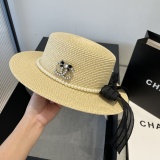 Chanel New Fashion Flat Top Hat Bow Sunshade Straw Hat 57CM