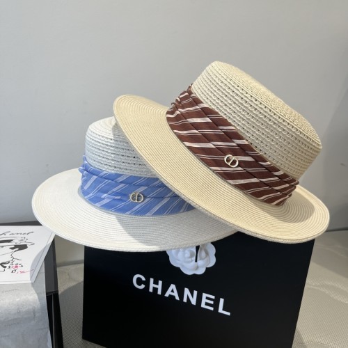 Dior New Fashion Flat Top Hat Straw Hat 57CM