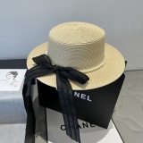 Chanel New Fashion Flat Top Hat Bow Sunshade Straw Hat 57CM