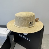 Chanel New Fashion Flat Top Hat Bow Sunshade Straw Hat 57CM