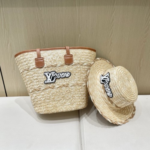 Louis Vuitton New Fashion Two Piece Straw Hat Beach Bag Tote Bag