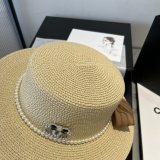 Chanel New Fashion Flat Top Hat Bow Sunshade Straw Hat 57CM