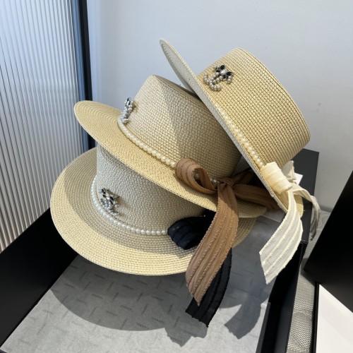 Chanel New Fashion Flat Top Hat Bow Sunshade Straw Hat 57CM