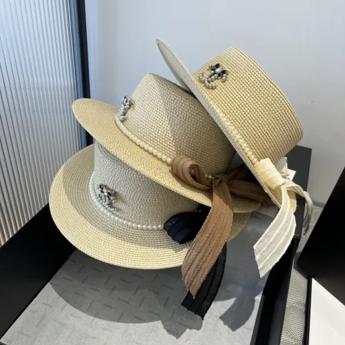Chanel New Fashion Flat Top Hat Bow Sunshade Straw Hat 57CM