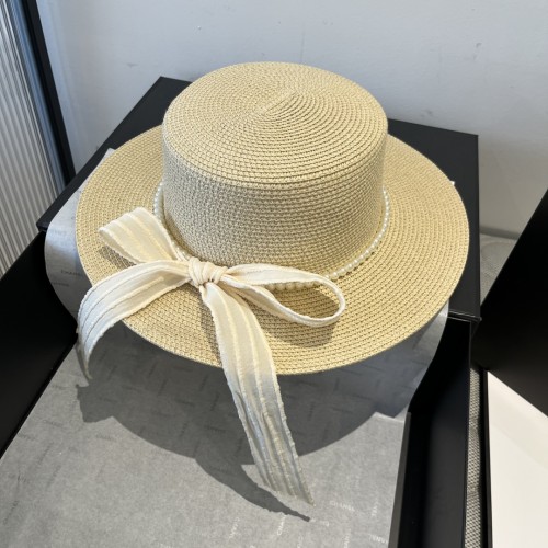 Chanel New Fashion Flat Top Hat Bow Sunshade Straw Hat 57CM