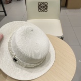 Chanel New Versatile Pearl Straw Hat Flat Top Hat