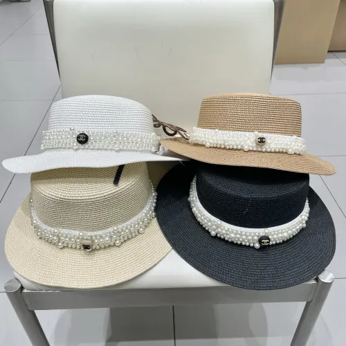 Chanel New Versatile Pearl Straw Hat Flat Top Hat