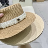 Chanel New Versatile Pearl Straw Hat Flat Top Hat