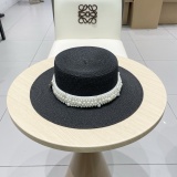 Chanel New Versatile Pearl Straw Hat Flat Top Hat