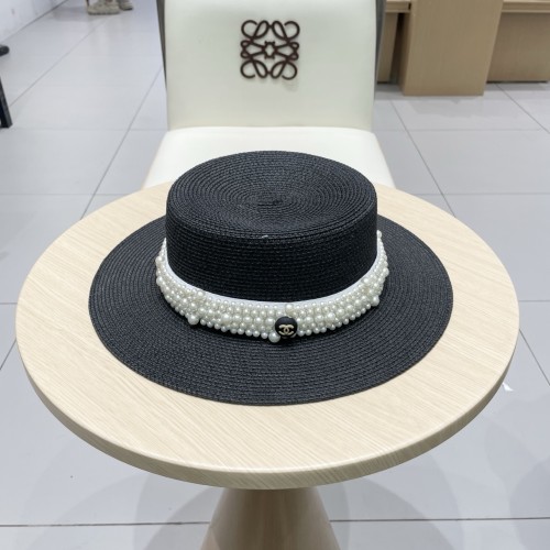 Chanel New Versatile Pearl Straw Hat Flat Top Hat