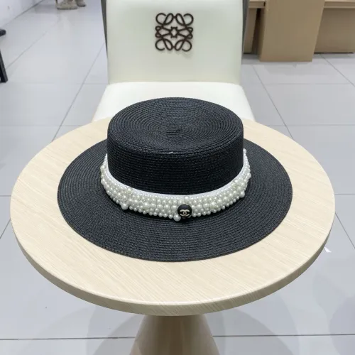 Chanel New Versatile Pearl Straw Hat Flat Top Hat