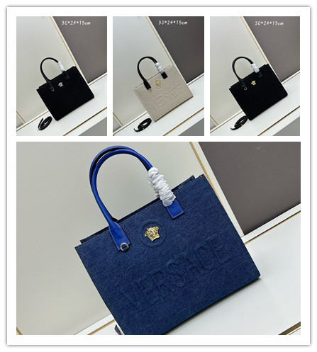 Versace New Embossed 3D Logo Denim Handbag Tote Bag Size: 29.5x14.5x24 CM
