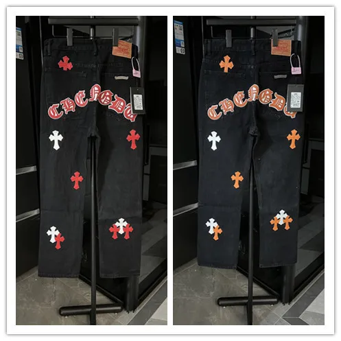 Chrome Hearts New Classic Sanskrit Cross Patch Leather Collar Casual Jeans