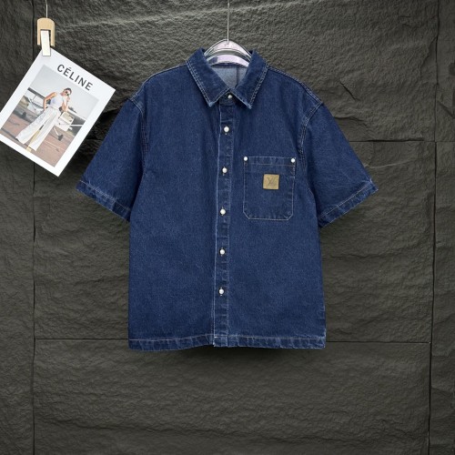 Louis Vuitton New Pocket Leather Logo Pearl Buckle Couple Denim Short Sleeved Shirt