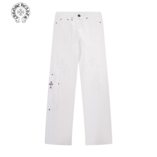 Chrome Heart New Cross Spliced Leather Washed Jeans