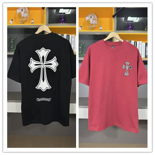 Chrome Hearts Fashion Cross Leather Embroidered Washed T-shirt Couple Loose Short Sleeve