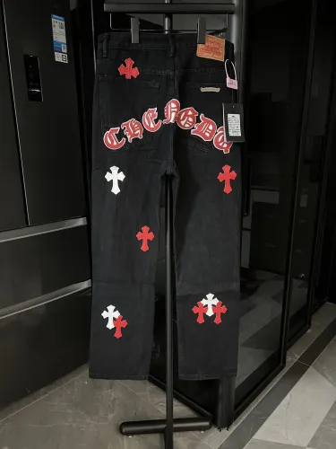 Chrome Hearts New Classic Sanskrit Cross Patch Leather Collar Casual Jeans