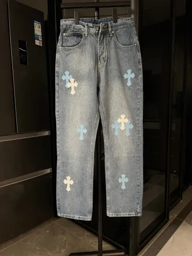 Chrome Hearts New Classic Sanskrit Cross Patch Leather Collar Casual Jeans