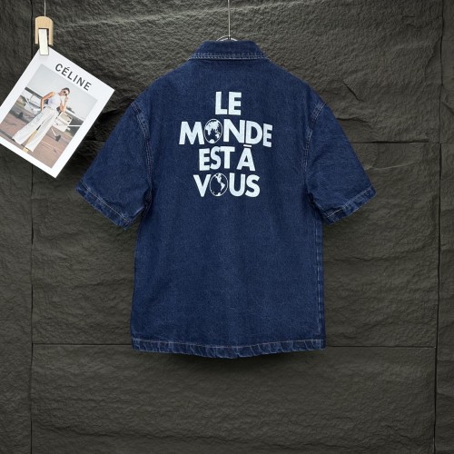 Louis Vuitton New Pocket Leather Logo Pearl Buckle Couple Denim Short Sleeved Shirt