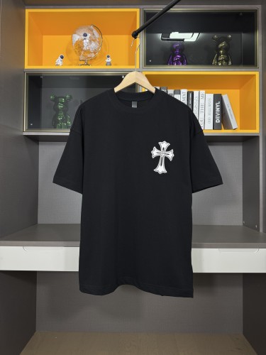 Chrome Hearts Fashion Cross Leather Embroidered Washed T-shirt Couple Loose Short Sleeve