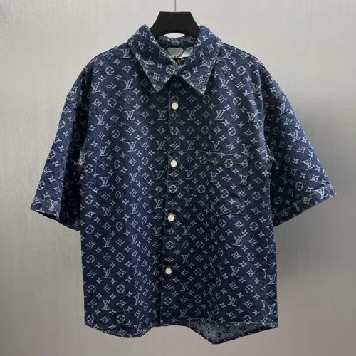 Louis Vuitton Classic Color Contrast Full Logo Jacquard Denim Short Sleeved Shirt Set