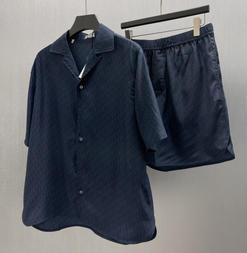 Dior Fashion Navy Blue Mulberry Silk Blended Short Shirt Set