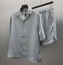 Dior Fashion Blue Grey Mulberry Silk Blended Short Shirt Set