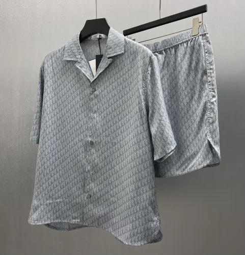 Dior Fashion Blue Grey Mulberry Silk Blended Short Shirt Set