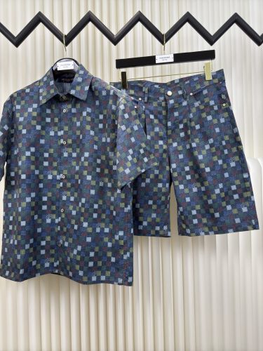 Louis Vuitton Fashion Full Logo Checkered Denim Shirt Set