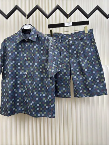 Louis Vuitton Fashion Full Logo Checkered Denim Shirt Set