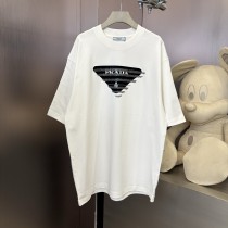 Prada Classic Triangle Logo Printed T-shirt Unisex Casual Round Neck Short Sleeve