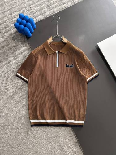 Fendi Fashion Color Contrast Hollow Half Zipper Knitted Short Sleeve
