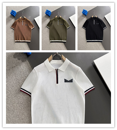 Fendi Fashion Color Contrast Hollow Half Zipper Knitted Short Sleeve