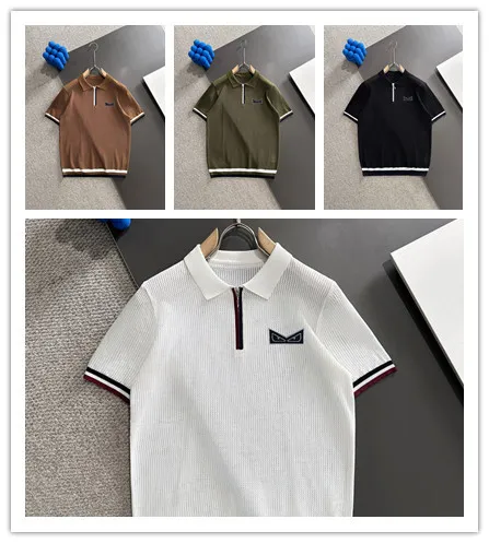 Fendi Fashion Color Contrast Hollow Half Zipper Knitted Short Sleeve