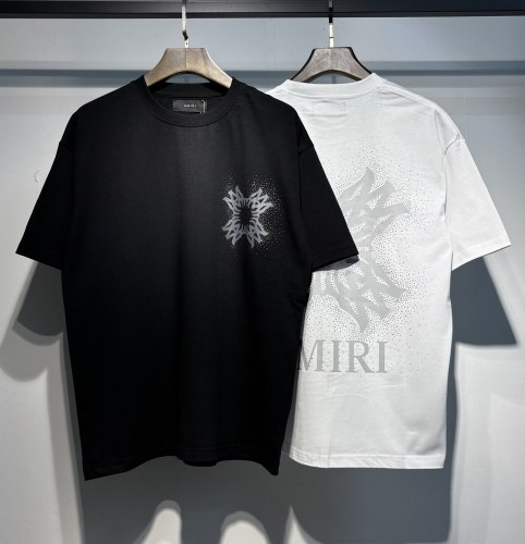 Amiri Fashion Hot Diamond Logo Printed T-shirt Unisex Casual Loose Short Sleeve