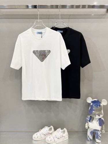 Prada Classic Triangle Logo Laser Printed T-shirt Casual Round Neck Short Sleeve