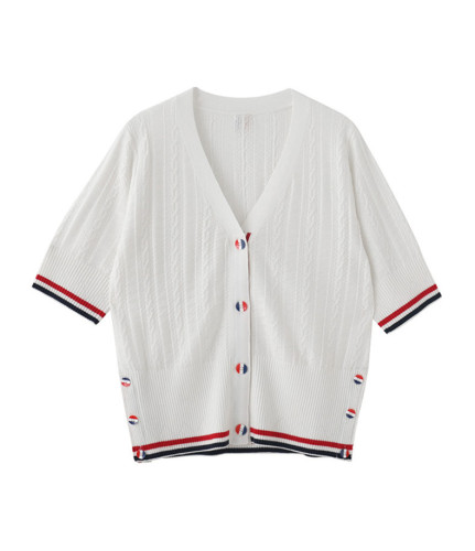 Thom Browne Fashion Women's Knitted Color Blocked Short Sleeve Cardigan
