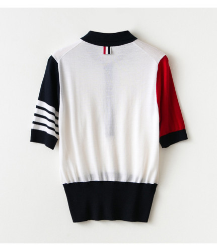 Thom Browne Fashion Women's Color Blocked Knitted Short Sleeved Polo Shirt