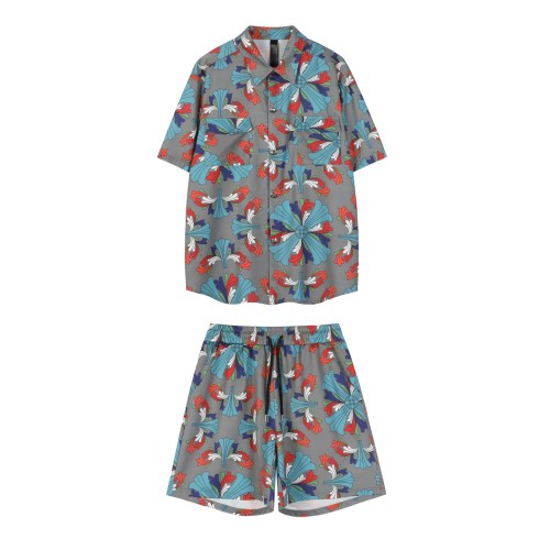 Chrome Hearts Fashion Ice Silk Cotton Beach Full Print Short Sleeve Shirt Shorts Set