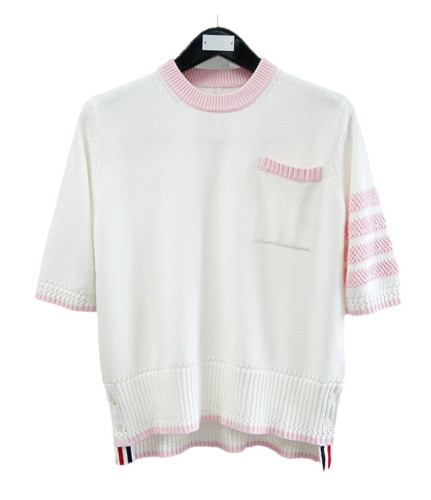 Thom Browne Fashion Women's Color Blocked Round Neck Knitted Short Sleeve