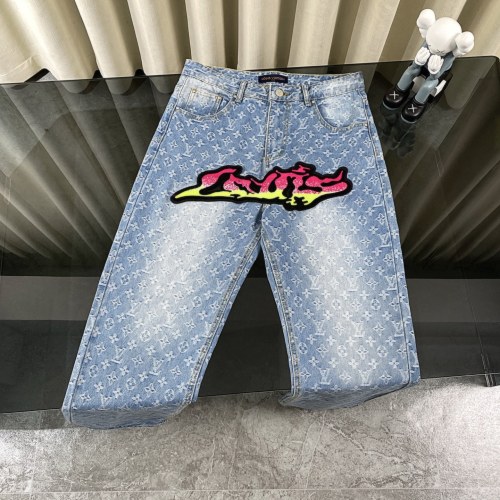 Louis Vuitton New Full Logo Colorful Plush Flame Graffiti Casual Jeans