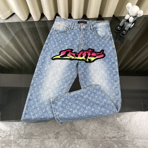 Louis Vuitton New Full Logo Colorful Plush Flame Graffiti Casual Jeans