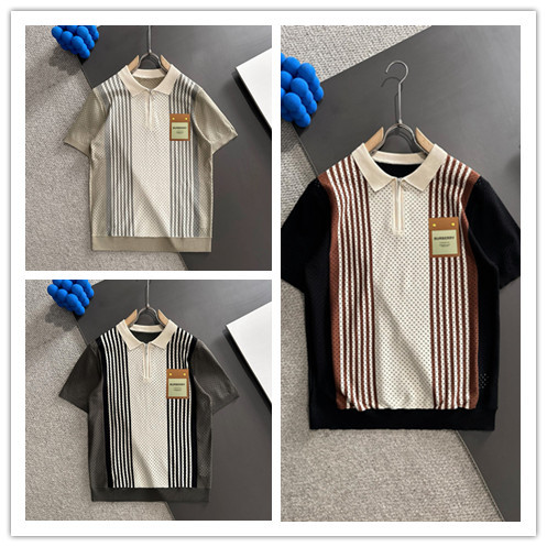 Burberry New Fashion Hollow Half Zipper Collar Knitted Short Sleeve