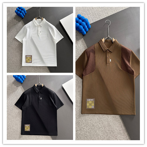 Loewe Fashion Splicing Waffle Collar Loose Short Sleeve