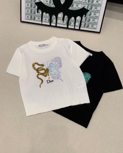 Dior Spring/Summer New Fashion Bead Knitted Round Neck Short Sleeve